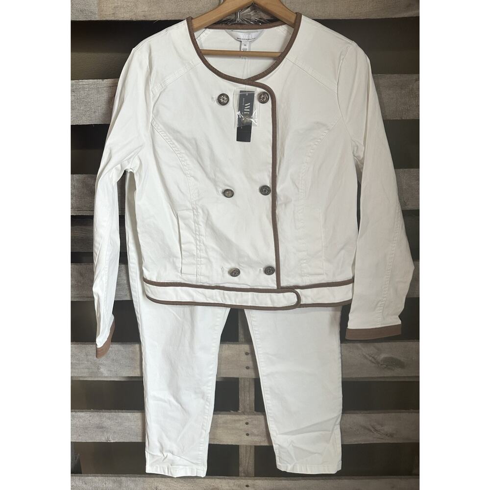NWT WHBM Ivory Pants Set Size 14 Jacket Pants Coated Material Tan Trim Accent
